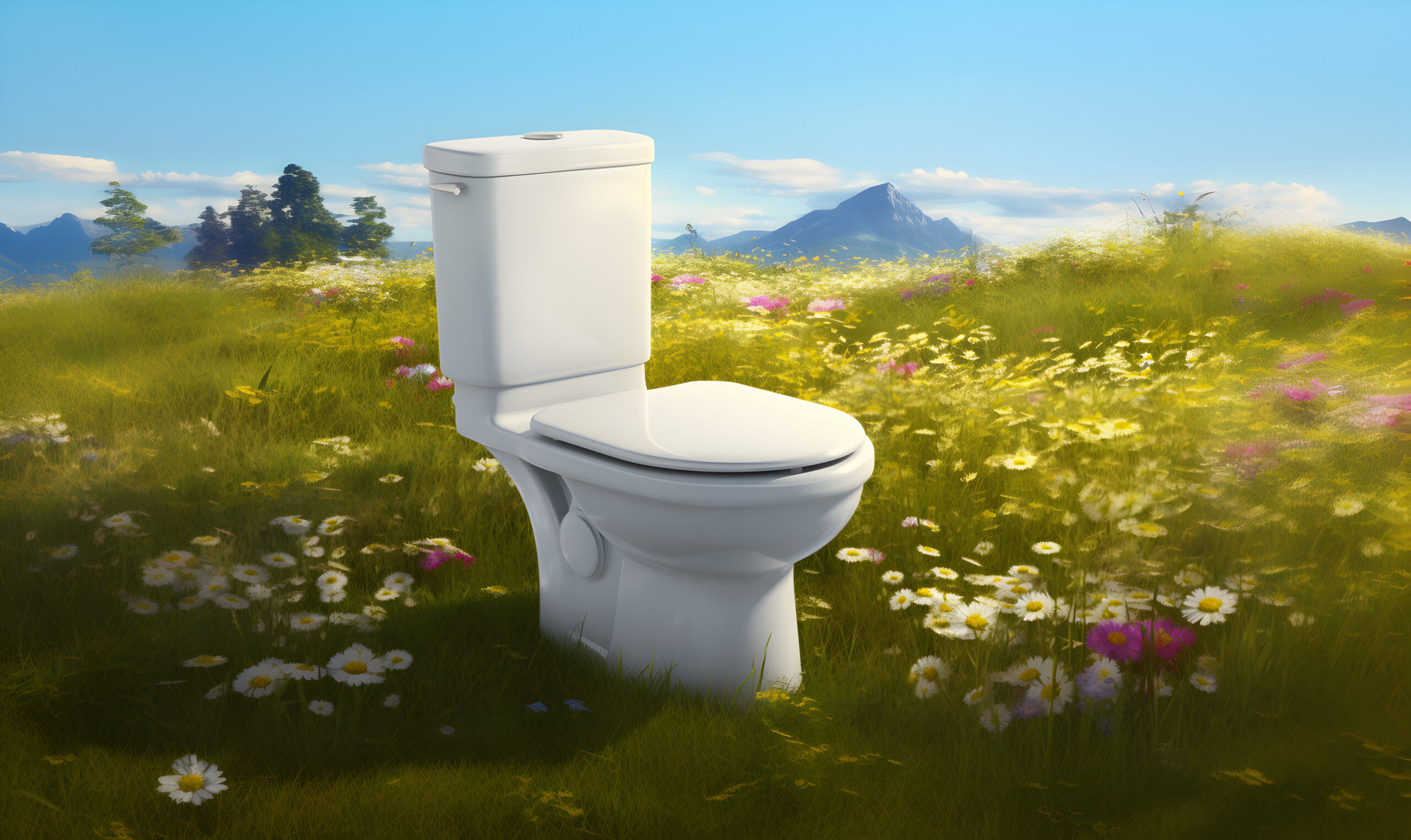 des toilettes posées en pleine nature dans une prairie